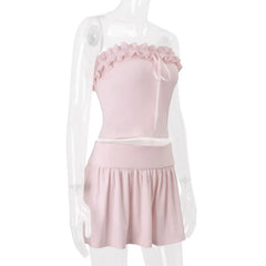 Pink Ruffled Tube Top And Mini Skirt Set