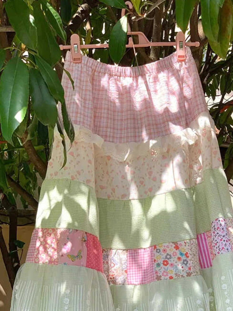 Women's pastel colorful patchwork maxi skirt with A-line silhouette.


