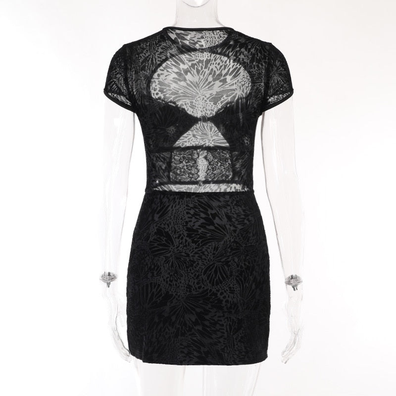 Black Lace Sheer Front Cut Out Design Short Sleeve Mini Dress