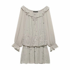 Grey Off Shoulder Ruffle Sequin  Drawstring Waist Mini Dress