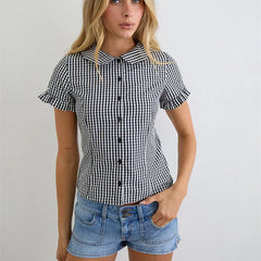 Plaid Peter Pan Collar Short Ruffle Sleeve Button Down Blouse