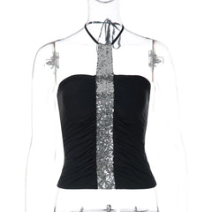Halter Neck Sequin Patchwork Strip Crop Top