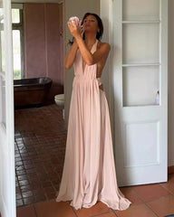 Pink Deep V-neck Backless Halter Maxi Dress