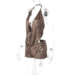 Tiger Print Open Back Halter Top and Shorts Set