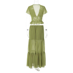 Short Sleeve Mesh Patchwork Crop Top And Maxi Skirt Matching Set