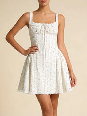 White Floral Stripe Print Square Collar Print Mini Dress