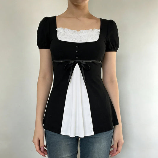 Black And White Square Neck Puff Sleeve Blouse