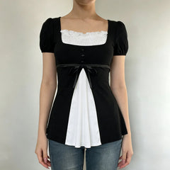 Black And White Square Neck Puff Sleeve Blouse