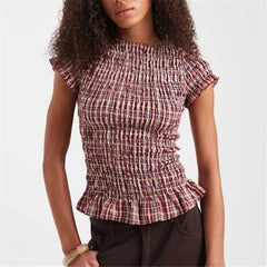 Round Neck Gingham Smocked Short Sleeve Top