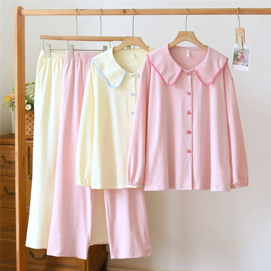 Cotton Doll Collar Shirt And Pants Pajama Sets