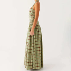 Green Plaid Halter Maxi Dress