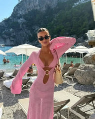 Knitted Long Sleeve Deep V-Neck Ring Detail Maxi Dress