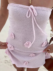 Pink Knitted 3D Flowers Tube Mini Dress