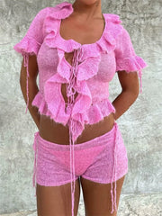 Pink Ruffles Sheer Top And Shorts Set - Free From Label