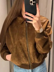 Brown Short Lapel Zipper Pocket Suede Jacket