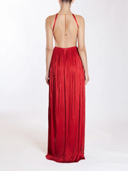 Red Pleated Halter Maxi Dress