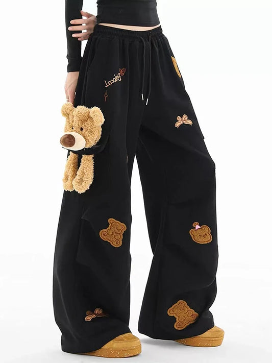 Bear Embroidery Wide Leg Sweatpants