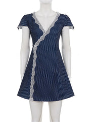 Blue Lace Trim Short Sleeve Mini Dress