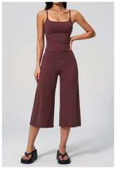 Solid Cami Removable Pads Top And Wide Leg Cropped Pants Set