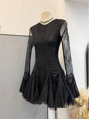 Lace Sheer Pleated Buttoned Long Sleeve Mini Dress