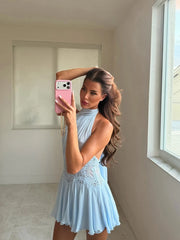 Blue Halter Lace Waist Cutout Mini Dress