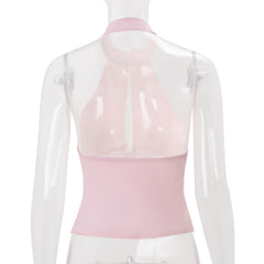 Pink  Stand Collar Button Halter Tank Top