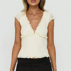 Ruffled Trim V-Neck Cap Sleeve Top