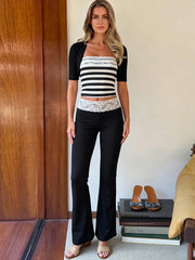 Black Lace Patchwork Short Sleeve Shawl And Stripe Print Tank Tops And Flared Pants Set