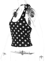 Black Polka Dot Print Backless Halter Top