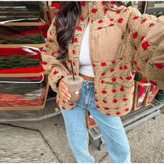 Floral Plush Zipper Pockets Jacket