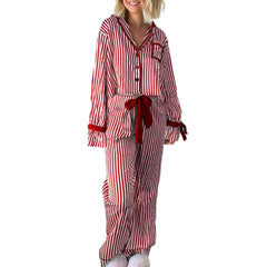 Striped Print Long Sleeve Button-up Shirts And Long Pant Pajama Set