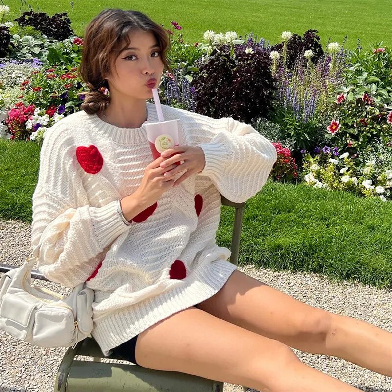 Red Heart Embroidery White Knit Sweater