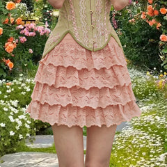 Layered Ruffles Eyelet Mini Skirt