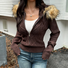 Cable Knit Fur Hooded Zip Jacket