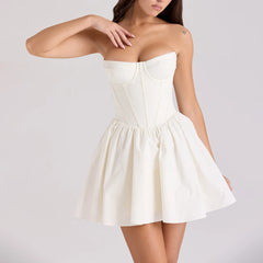Women's white solid flare bustier mini dress with A-line silhouette.

