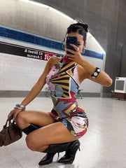 Pop Art Comic Print Halter Bodycon Mini Dress