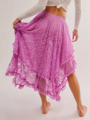 Lace Ruffle Sheer Asymmetrical Hemline Midi Skirt