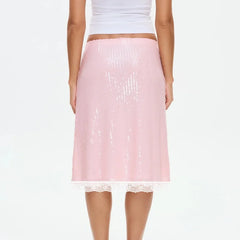 Pink Sequin Lace Trim Midi Skirt
