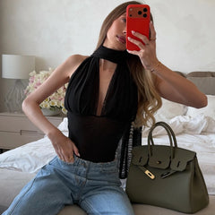 Scarf Halter Drape Mesh Bodysuit