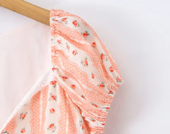 Orange Floral Stripes Print Lacing up Short Puff Sleeve Mini Dress