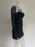 Long Sleeve Mesh Tie Up Hollow Drawstring Mini Dress