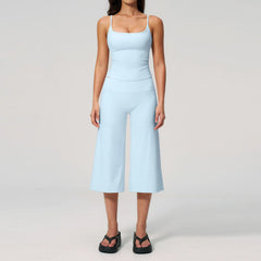Solid Cami Removable Pads Top And Wide Leg Cropped Pants Set