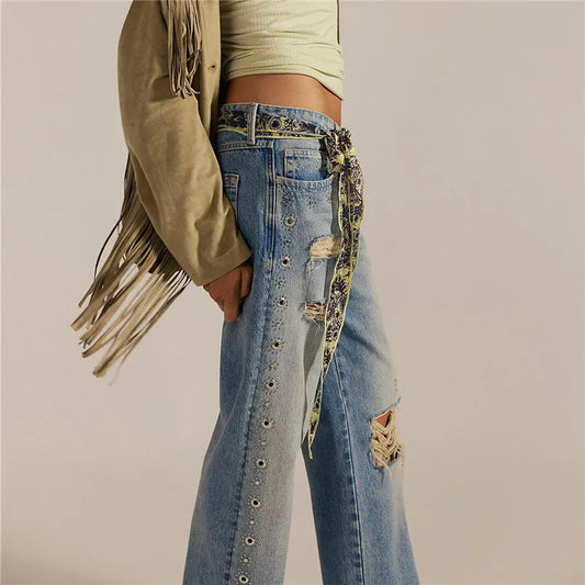 Distressed Ripped Eyelet Rivet Embellished Denim Trousers