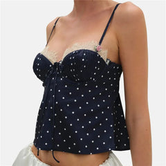 Navy blue polka dot top with lace details 