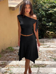 Off-Shoulder Tie Crop Top And Midi Skirt Set