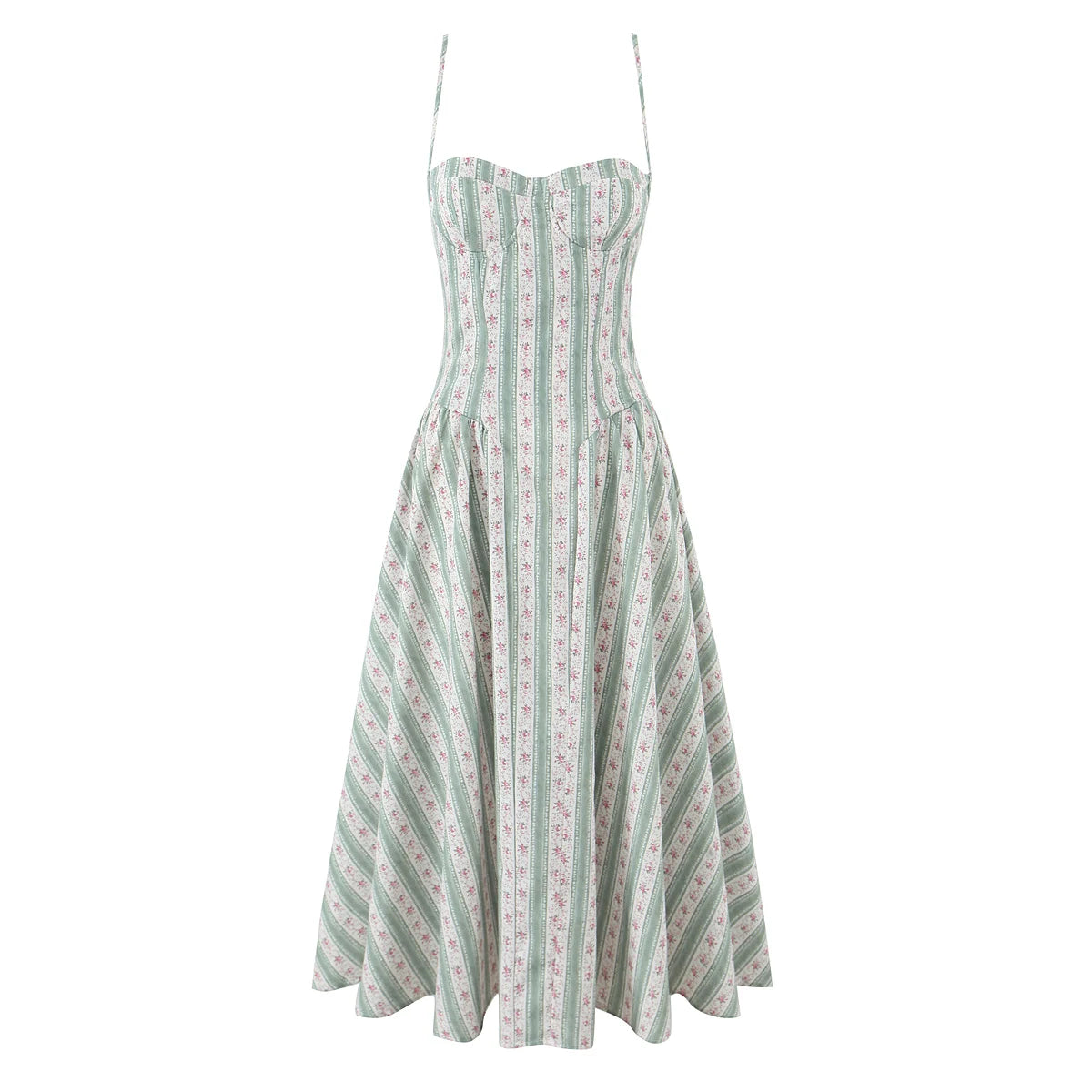 Women's green striped floral print corset style midi dress with slash neck.

