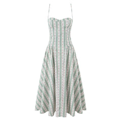 Women's green striped floral print corset style midi dress with slash neck.

