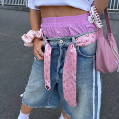 Trendy Loose Fit Denim Capri Shorts - White Side Stripes