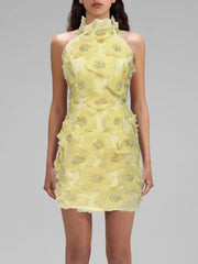 Halter 3d Flower Appliques Mini Dress