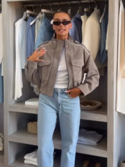 Faux Suede  Stand Collar Zip Up Flap Pockets Cropped Jacket